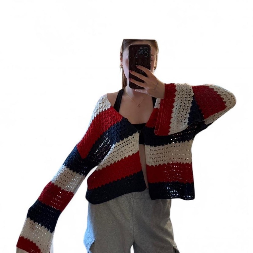 33Degrees Cropped red, navy, and white knit cardigan XXL